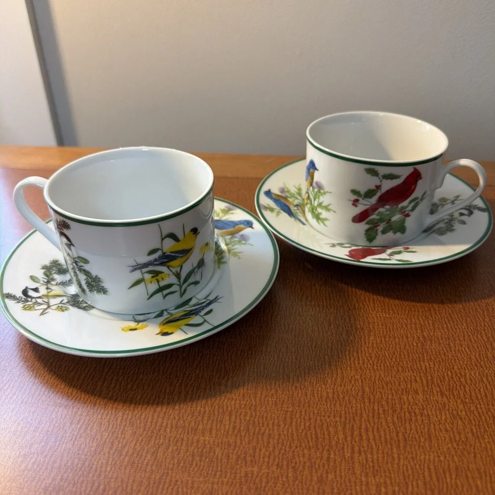 2 National Wildlife Federation‎ Cup Saucer Songbirds Bluebird Cardinal Birds +